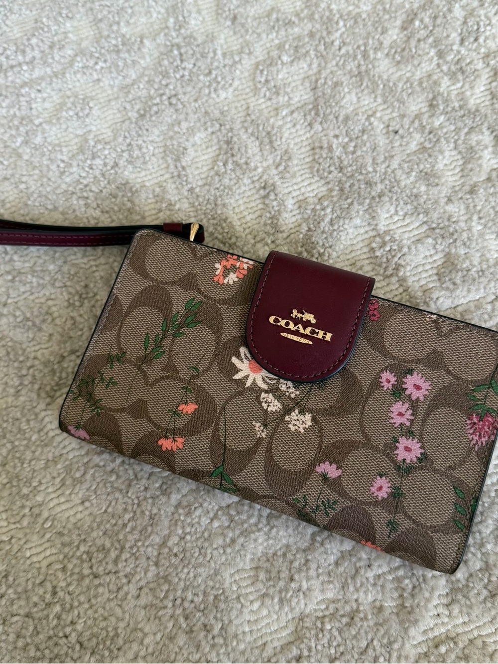 Coach Brown Wallet with Burgundy Snap and Gold Logo